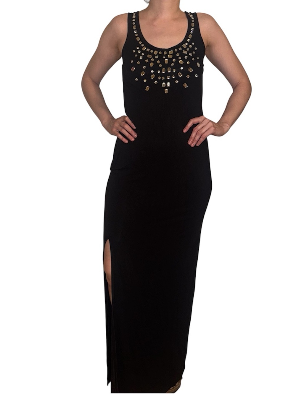 Y2K BEBE Black Rhinestones Tank Maxi Dress with Side Slit Size S